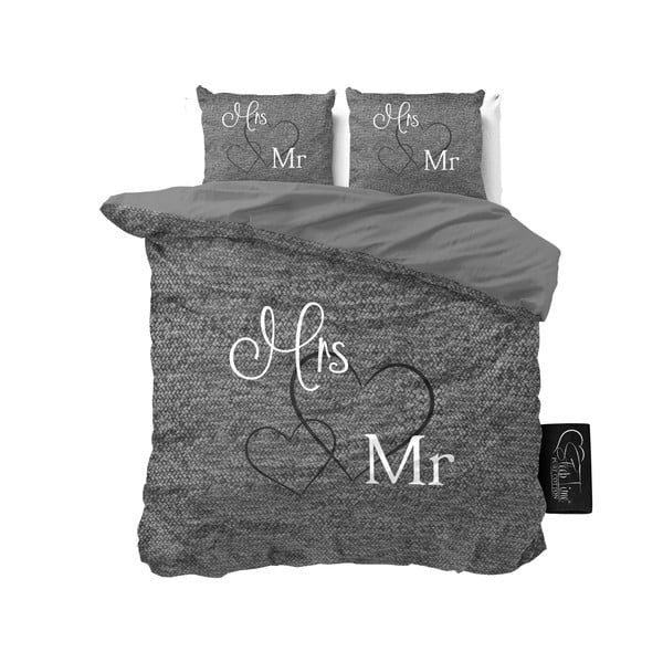 Antracitno siva bombažna posteljnina za zakonsko posteljo Pure Cotton Mr & Mrs, 200 x 200 cm