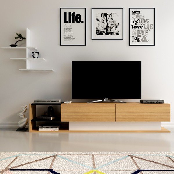 Televizijski komplet iz eksotičnega lesa v beli in naravni barvi 180x40 cm Liza - Kalune Design-image-3
