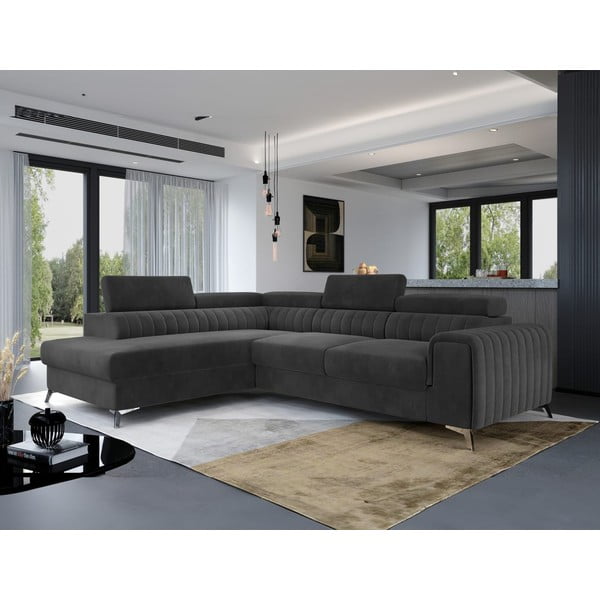 Temno siva žametna raztegljiva/s prostorom za shranjevanje kotna sedežna garnitura (levi kot/v obliki črke L) Laurence – ELTAP-image-1