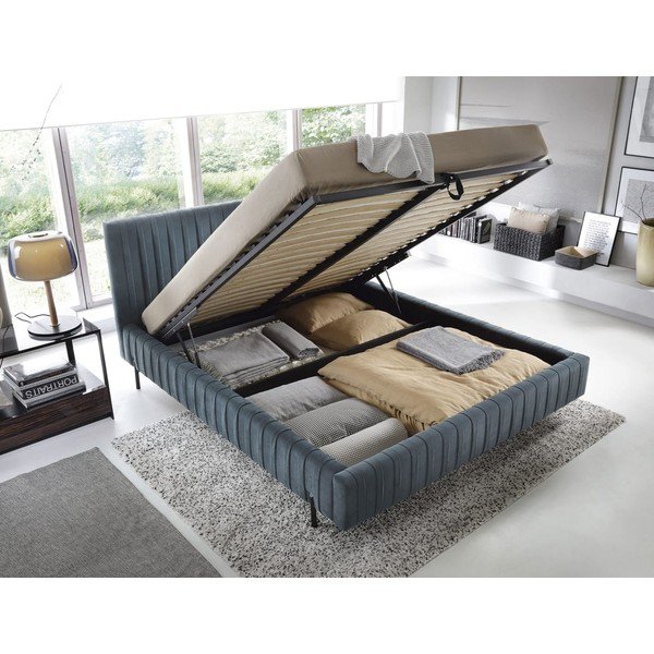 Modra oblazinjena zakonska postelja s prostorom za shranjevanje in z letvenim dnom 160x200 cm Plissa – ELTAP-image-2