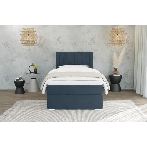 Temno modra oblazinjena postelja s prostorom za shranjevanje z letvenim dnom 90x200 cm Bunny – Ropez-image-2