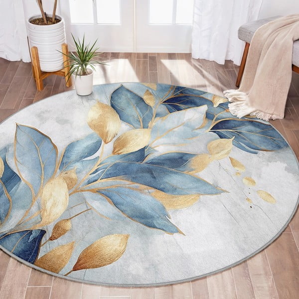 Modra/zlata pralna okrogla preproga ø 120 cm Golden Leaves – Mila Home-image-1
