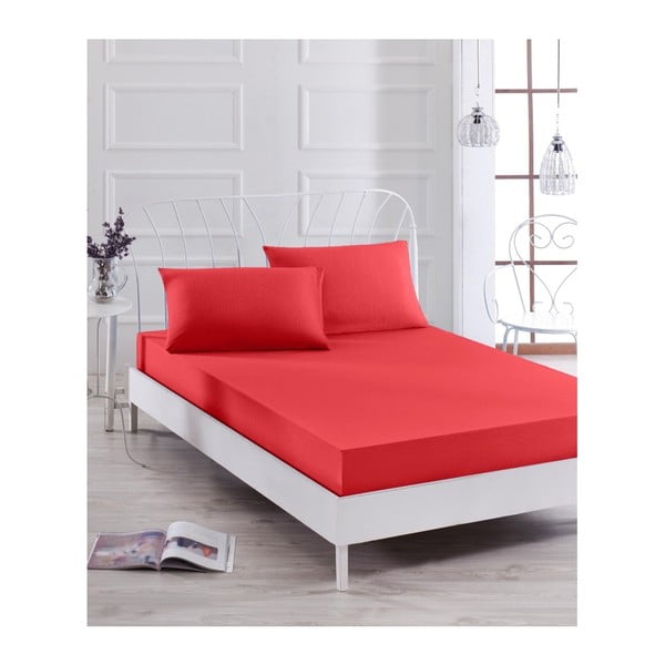 Rdeča elastična rjuha in prevleka za vzglavnik za enojno posteljo Basso Rojo, 100 x 200 cm