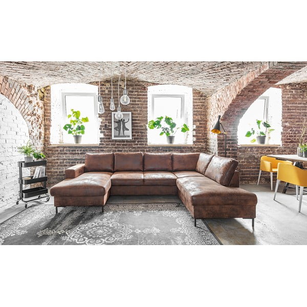 Rjava usnjena raztegljiva sedežna garnitura v obliki črke U iz umetnega usnja Miuform Lofty Lilly Vintage, desni kot-image-1