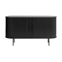 Črna nizka komoda v hrastovem dekorju z drsnimi vrati 140x76 cm Nola – Unique Furniture