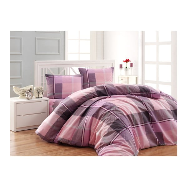 Vijolična in rožnata posteljna rjuha iz bombaža Ranforce Checkers, 160 x 220 cm