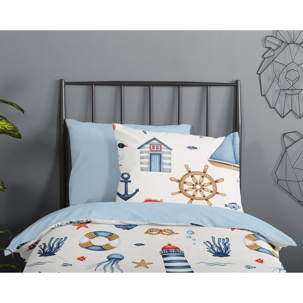 Modra/kremno bela bombažna otroška posteljnina za otroško posteljico 100x135 cm Ahoy – Good Morning-image-2