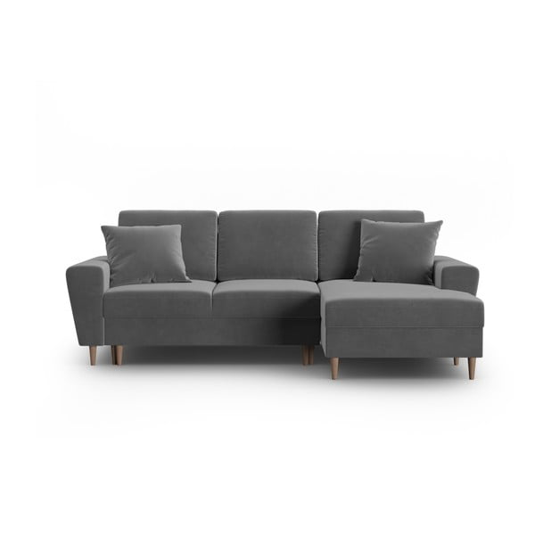 Svetlo siva žametna raztegljiva kotna sedežna garnitura s prostorom za shranjevanje (desni kot/z ležalnikom) Kyoto – Cosmopolitan Design