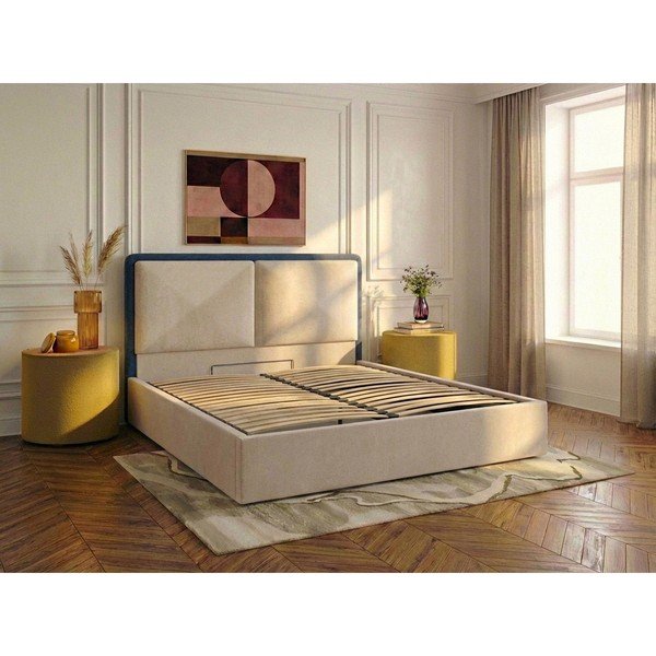 Modra/bež oblazinjena zakonska postelja s prostorom za shranjevanje z letvenim dnom 180x200 cm Mara – Bobochic Paris-image-2