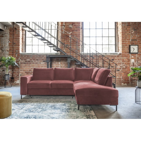 Rožnata žametna raztegljiva kotna sedežna garnitura (desni kot) Lofty Lilly – Miuform-image-1