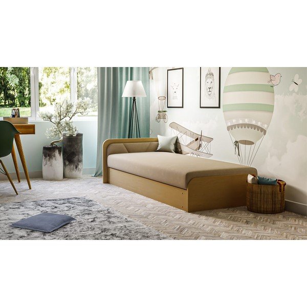 Oker rumena/bež oblazinjena postelja iz iverne plošče s prostorom za shranjevanje in z vzmetnico 80x190 cm Parys – ELTAP-image-1