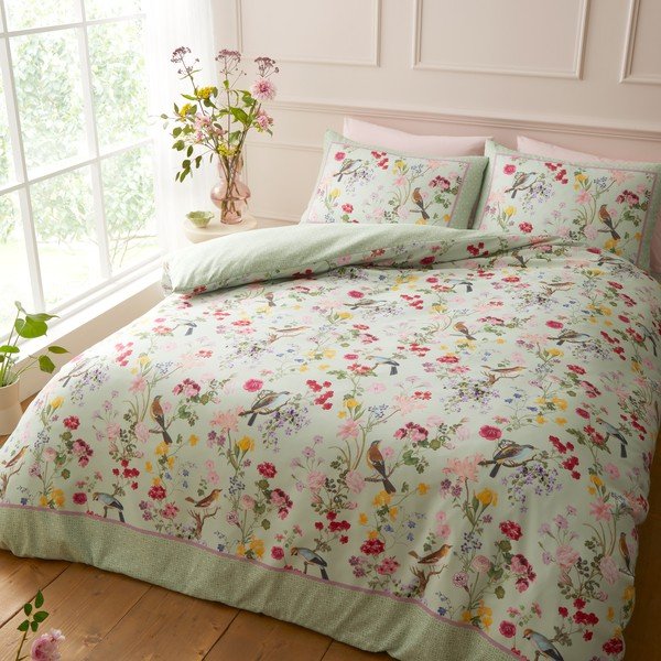 Zelena 3-delna posteljnina za zakonsko posteljo 200x200 cm Birds In Bloom – RHS-image-3