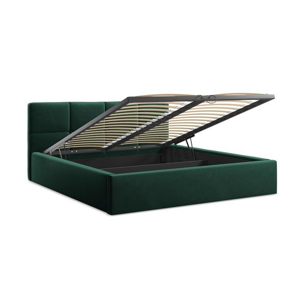 Temno zelena žametna oblazinjena zakonska postelja s prostorom za shranjevanje z letvenim dnom 140x200 cm Hiko – Makamii-image-2