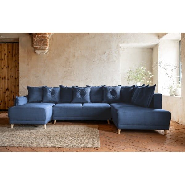 Temno modra raztegljiva kotna sedežna garnitura iz rebrastega žameta (desni kot/v obliki črke "U") Lazy Lukka – Miuform-image-1