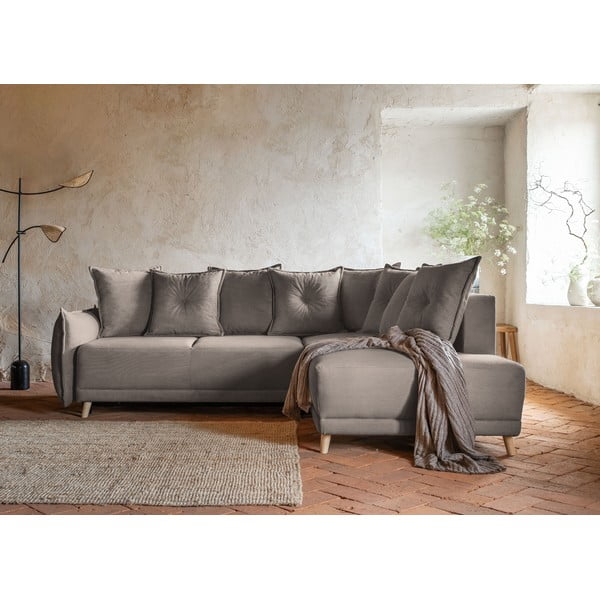 Svetlo rjava raztegljiva kotna sedežna garnitura iz rebrastega žameta (desni kot) Lazy Lukka – Miuform-image-3