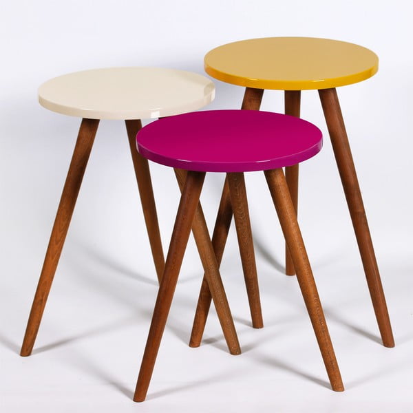 Komplet 3 okroglih stranskih mizic Kate Louise (vijolična, krem, rumena)