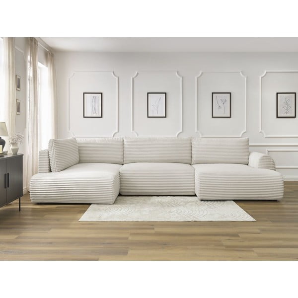 Kremno bela raztegljiva/s prostorom za shranjevanje kotna sedežna garnitura iz rebrastega žameta (levi kot/v obliki črke "U") Lucien – Bobochic Paris-image-1