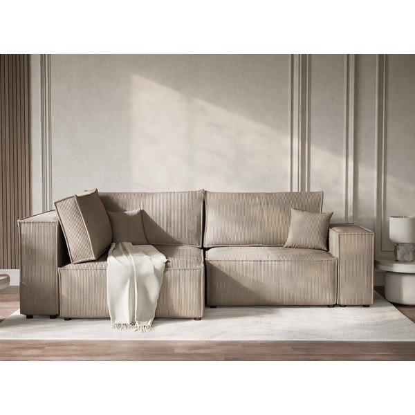 Bež raztegljiva/s prostorom za shranjevanje kotna sedežna garnitura iz rebrastega žameta (levi kot/v obliki črke L) Tonga – Maison de Rêve-image-1