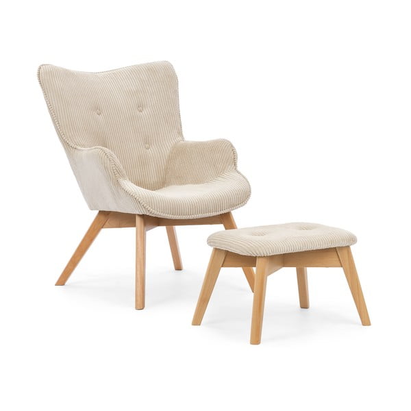 Bež fotelj z naslonjalom za noge iz rebrastega žameta Niko – Ropez