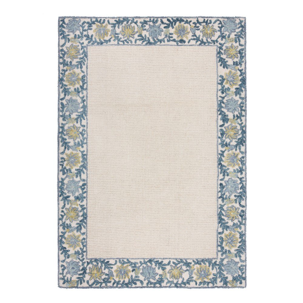 Modro-slonokoščeno bela ročno tkana preproga iz mešanice volne Myla Floral Frame