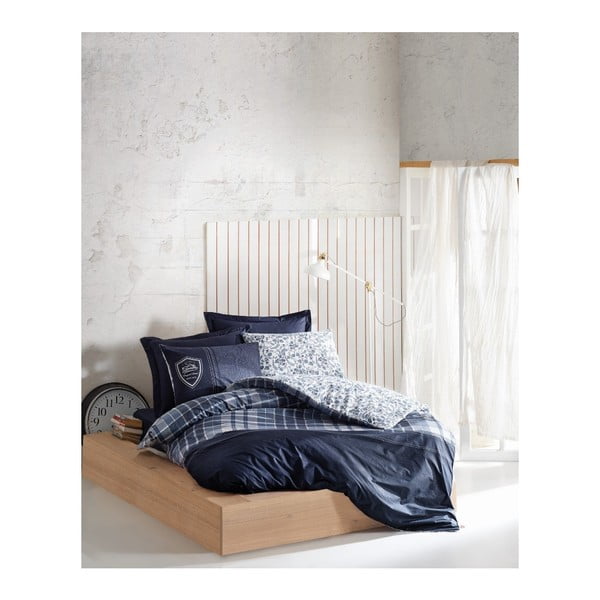 Modro bombažno posteljno perilo z rjuho za enojno posteljo Erb, 140 x 200 cm