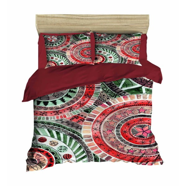 Komplet posteljnine in rjuh za zakonsko posteljo Mandala Red&Green, 200 x 220 cm