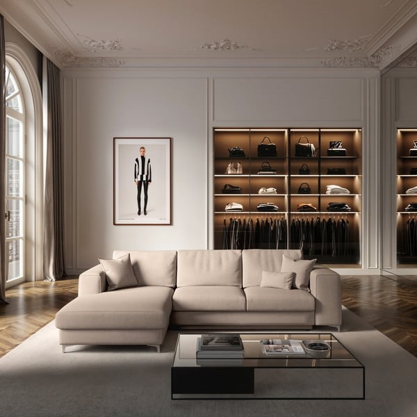 Bež žametna raztegljiva kotna sedežna garnitura s prostorom za shranjevanje (levi kot/z ležalnikom) Rene – Rodier-image-1