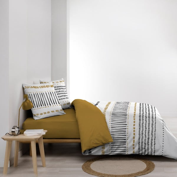 Gorčično rumena-bela podaljšana bombažna posteljnina za zakonsko posteljo 240x220 cm Chicago – douceur d'intérieur-image-1