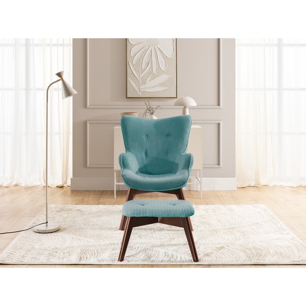 Turkizen fotelj z naslonjalom za noge iz rebrastega žameta Niko – Ropez-image-1