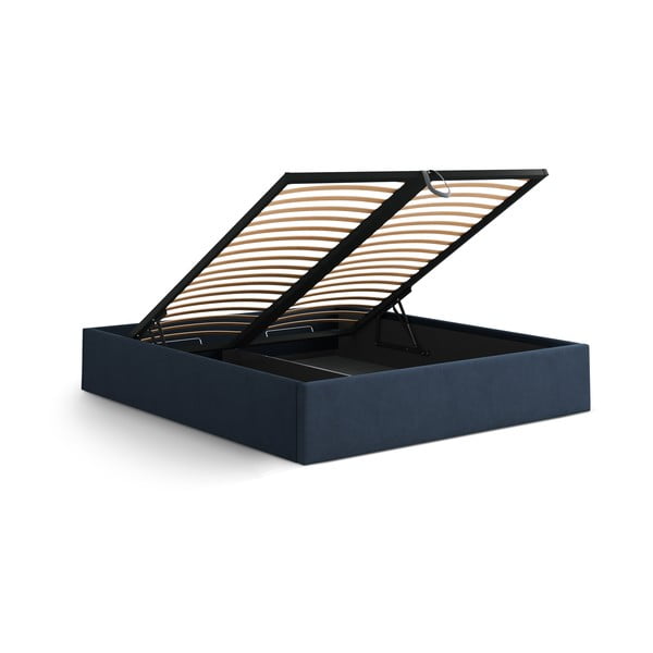 Temno modra oblazinjena zakonska postelja s prostorom za shranjevanje/brez vzglavja z letvenim dnom 140x200 cm Susan – Micadoni -image-3