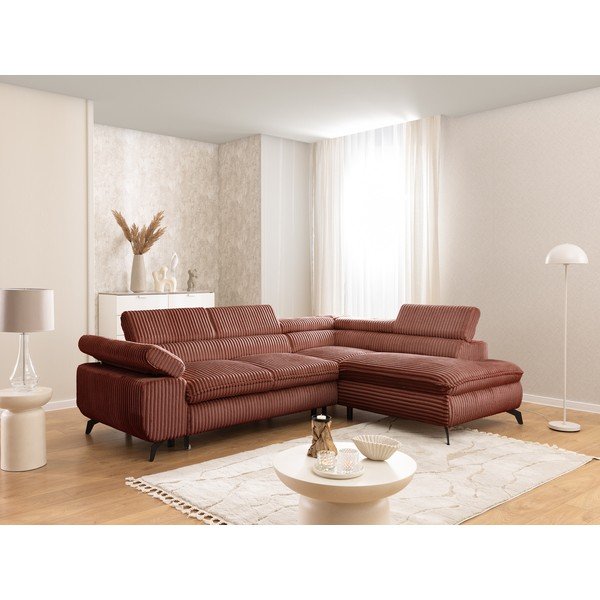 Kotna sedežna garnitura iz rebrastega žameta v barvi terakote (desni kot/v obliki črke L) Marbeya  – Ropez-image-1