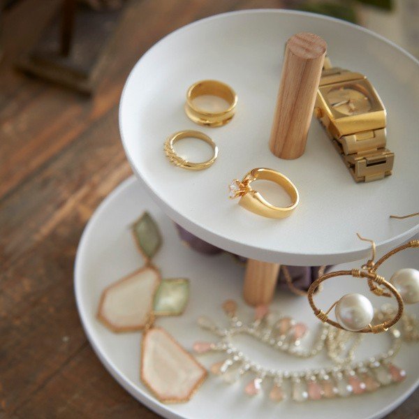 Belo stojalo z 2 posodama za shranjevanje in detajli iz bukovega lesa YAMAZAKI Tosca-image-2