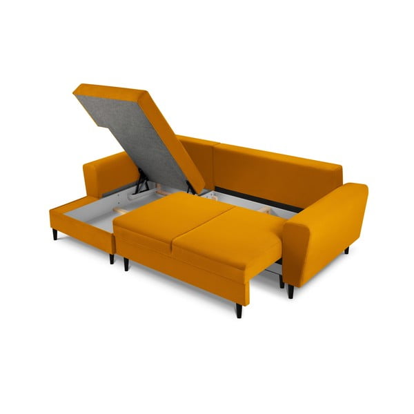 Gorčično rumena raztegljiva kotna sedežna garnitura s prostorom za shranjevanje iz rebrastega žameta (levi kot/z ležalnikom) Kyoto – Cosmopolitan Design-image-3