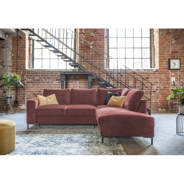 Rožnata žametna raztegljiva kotna sedežna garnitura (desni kot) Lofty Lilly – Miuform-image-4