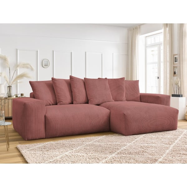 Rožnata raztegljiva/s prostorom za shranjevanje kotna sedežna garnitura iz rebrastega žameta Voltaire – Bobochic Paris-image-1