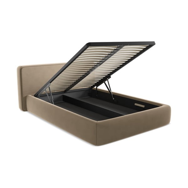 Svetlo rjava oblazinjena zakonska postelja s prostorom za shranjevanje z letvenim dnom 160x200 cm Kiana – Makamii-image-3