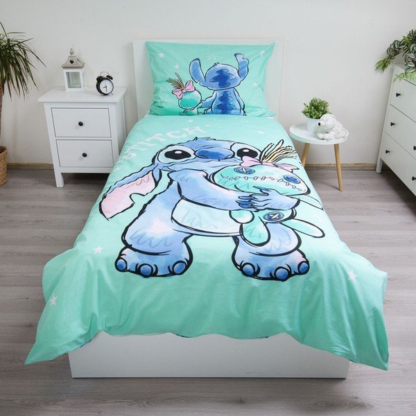 Mentolno zelena enojna bombažna otroška posteljnina 140x200 cm Lilo & Stitch "Buddies" – Jerry Fabrics-image-1