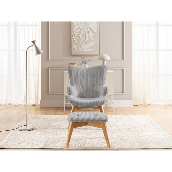 Siv fotelj z naslonjalom za noge iz rebrastega žameta Niko – Ropez-image-1
