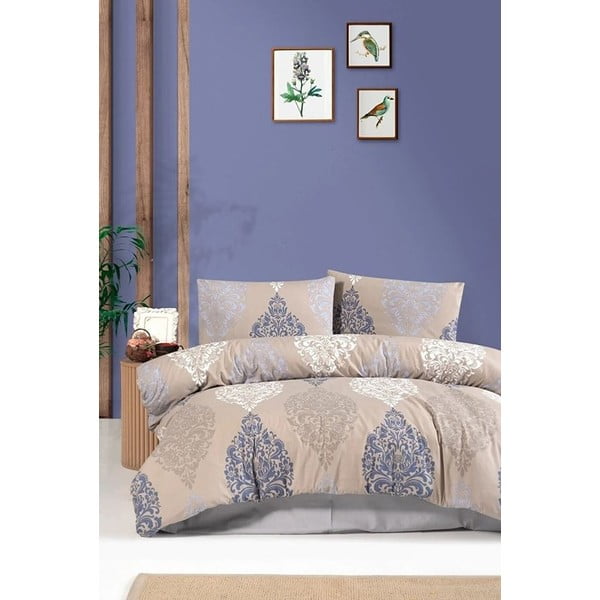 Modra/bež bombažna podaljšana posteljnina za zakonsko posteljo z rjuho 200x220 cm – Mila Home