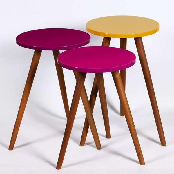 Komplet 3 okroglih stranskih mizic Kate Louise (vijolična, rumena)