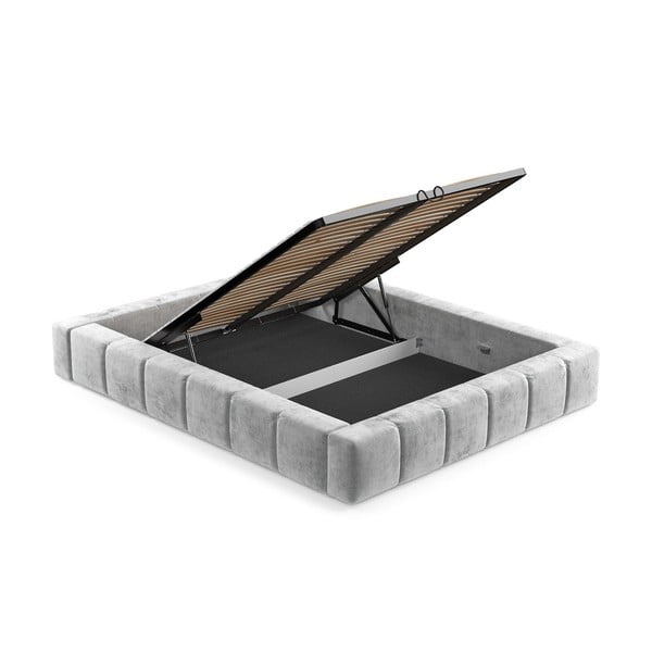 Svetlo siva oblazinjena zakonska postelja s prostorom za shranjevanje z letvenim dnom 200x200 cm Aruba L – Maison de Rêve-image-3