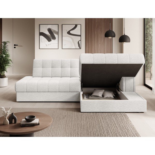 Kremno bela raztegljiva kotna sedežna garnitura iz tkanine bouclé (desni kot/z ležalnikom) Blezalt – ELTAP-image-4