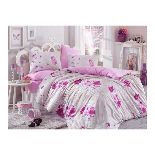 Bombažno posteljno perilo z rjuho za zakonsko posteljo Matilde Purple, 200 x 220 cm