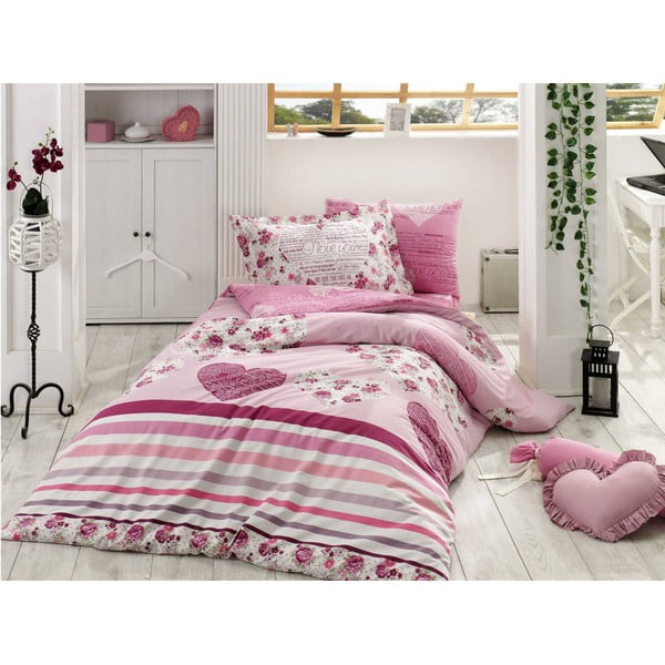 Roza bombažna posteljnina iz bombažnega platna z rjuho za enojno posteljo Bella, 160 x 220 cm