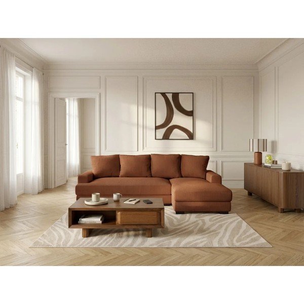 Oranžna raztegljiva/s prostorom za shranjevanje kotna sedežna garnitura iz rebrastega žameta (desni kot/z ležalnikom) Campi – Bobochic Paris-image-2