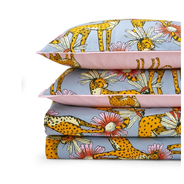 Rožnata/siva bombažna podaljšana posteljnina za zakonsko posteljo 230x220 cm Untamed Cheetah – Their Nibs