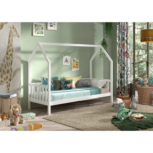 Bela otroška postelja iz masivnega bora v obliki hiške z letvenim dnom 90x200 cm Cabane – Vipack-image-1