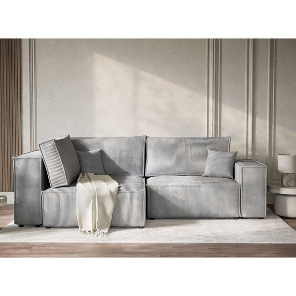 Siva raztegljiva/s prostorom za shranjevanje kotna sedežna garnitura iz rebrastega žameta (levi kot/v obliki črke L) Tonga – Maison de Rêve-image-1