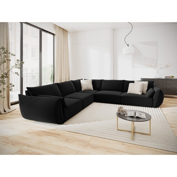 Črna žametna kotna sedežna garnitura Vanda – Mazzini Sofas-image-1