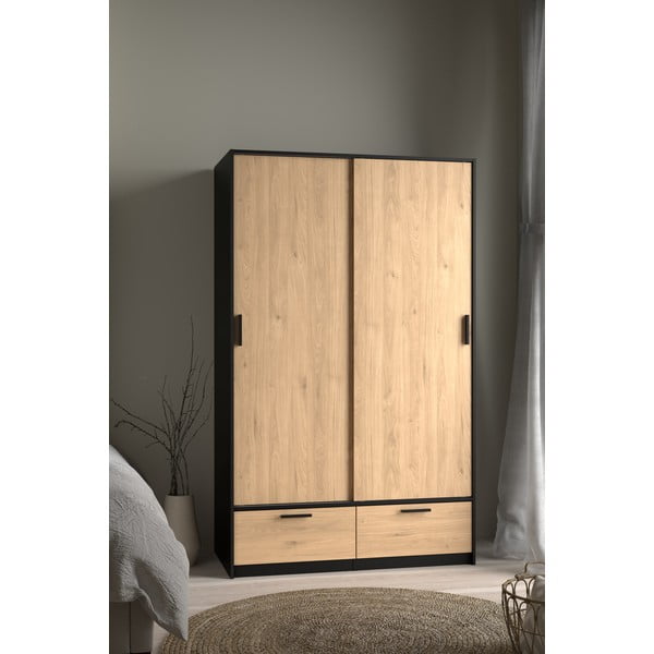 Črna/naravna garderobna omara v hrastovem dekorju z drsnimi vrati 121x200 cm Line – Tvilum-image-3